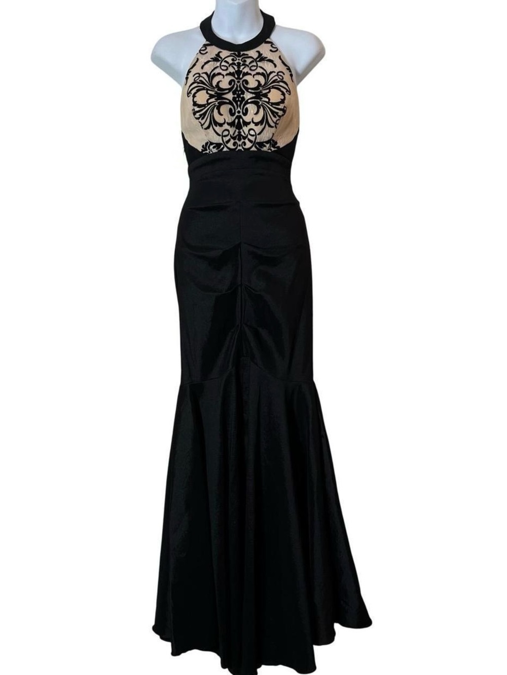 Blondie Nites Black and Nude Halter Mermaid Gown